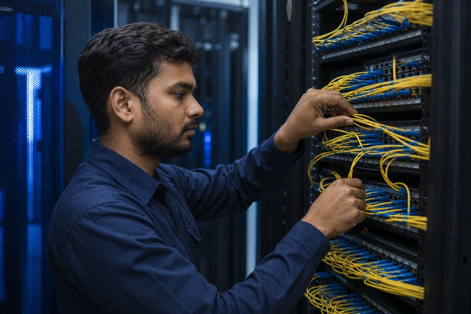 Technician organising fibre optic network cables in a server room
